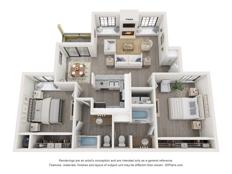 Floor plan for 2 beds, 2 baths, 1076 sqft